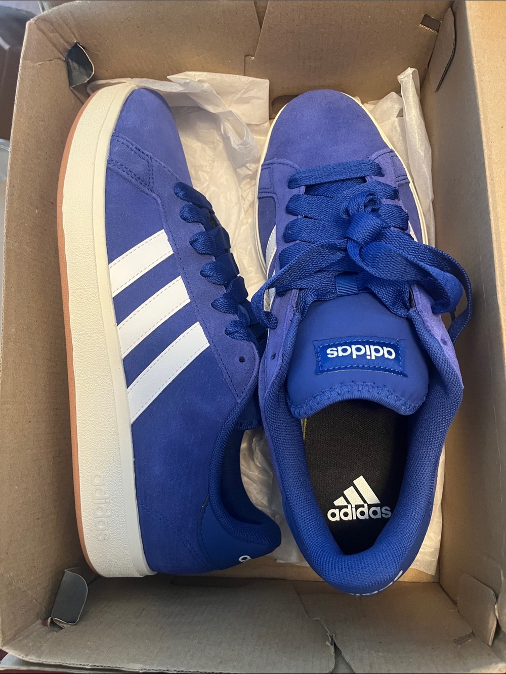 adidas Men’s Royal Blue Suede Sneakers with White Stripes